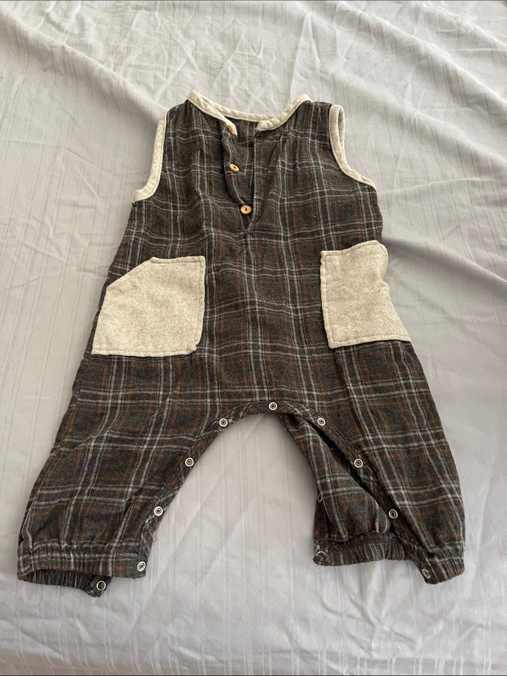 Kids Brown Plaid Cotton Romper with Cream Pockets
